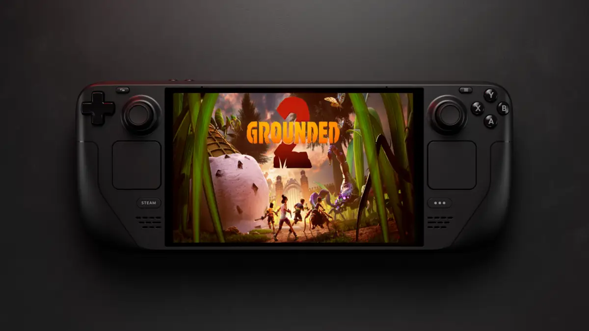 A picture of Steam Deck with Grounded 2 on the screen used as featured image for Can You Play Grounded 2 on Steam Deck and Grounded 2 Review?
