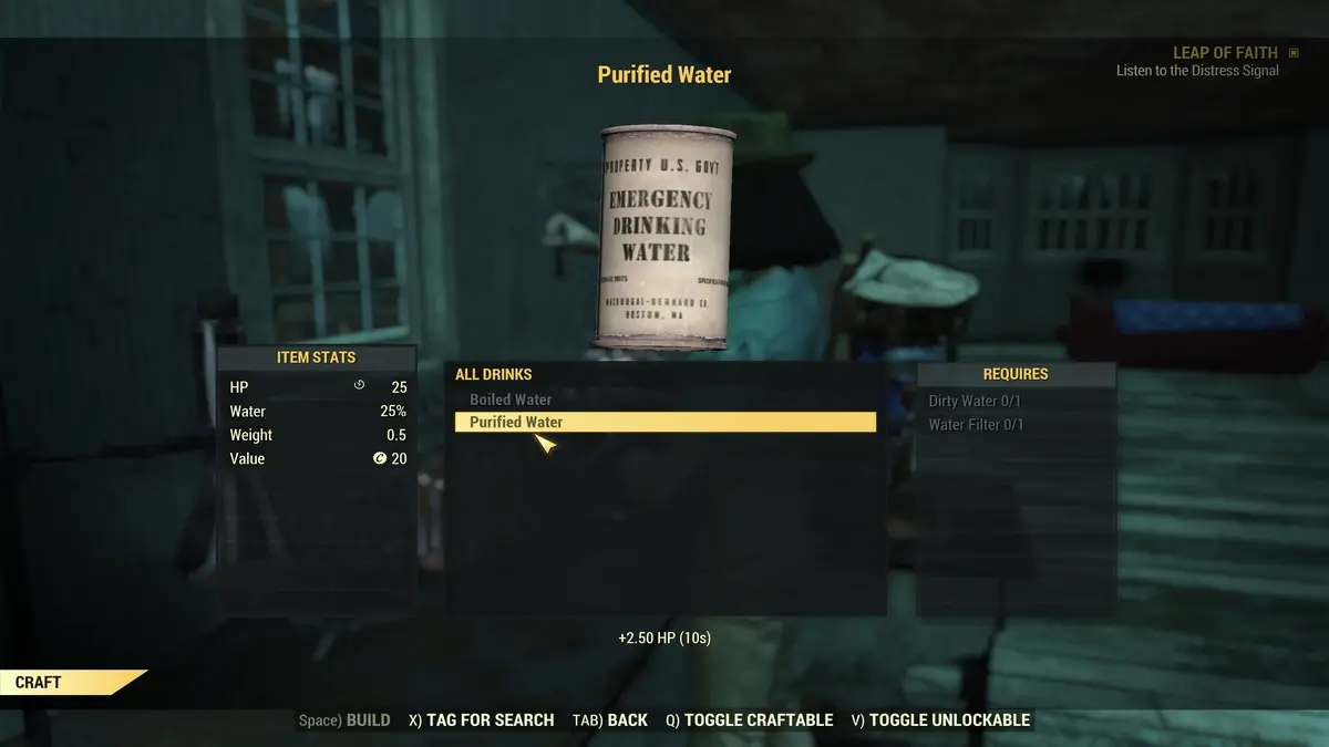 Crafting a Purified Water using a Chemistry Station in Fallout 76