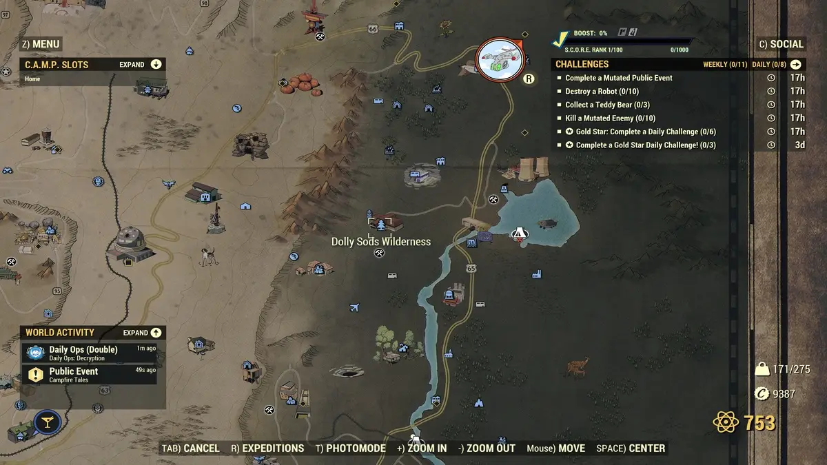 Marking the location of Dolly Sods Wilderness on the map in Fallout 76 where you can find Teddy Bears.