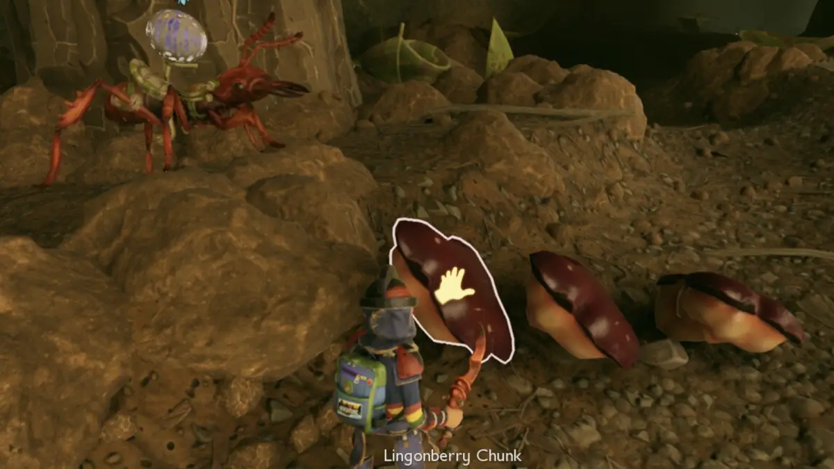 In-game screenshot of a player harvesting Lingonberry Chunks in Grounded 2