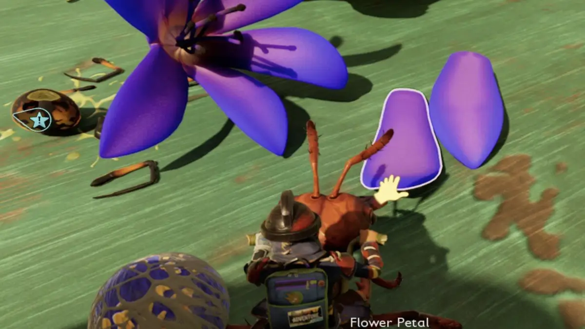 In-game screenshot of a player harvesting a flower petal from a hasta plant in Grounded 2.