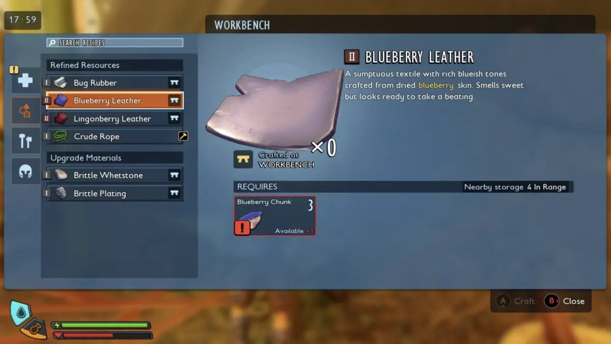Blueberry Leather in workbench shown as picture for How to Get Blueberry Leather in Grounded 2.