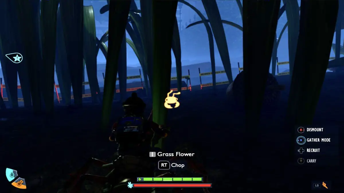 In-game screenshot of a player harvesting grass flower to get grass seed in grounded 2.
