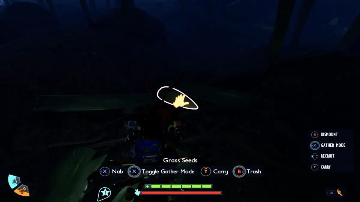 In-game screenshot of player finding grass seed in Grounded 2 after harvesting a grass flower.