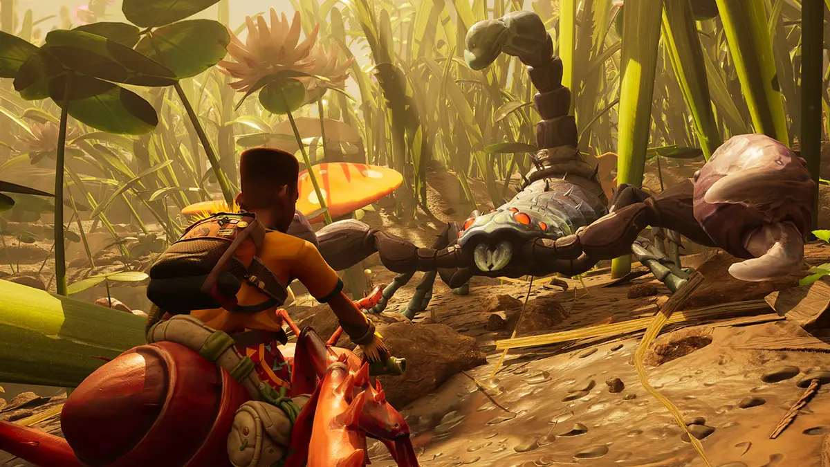 In-game screenshot from the xbox store page of a player riding a bug in Grounded 2.