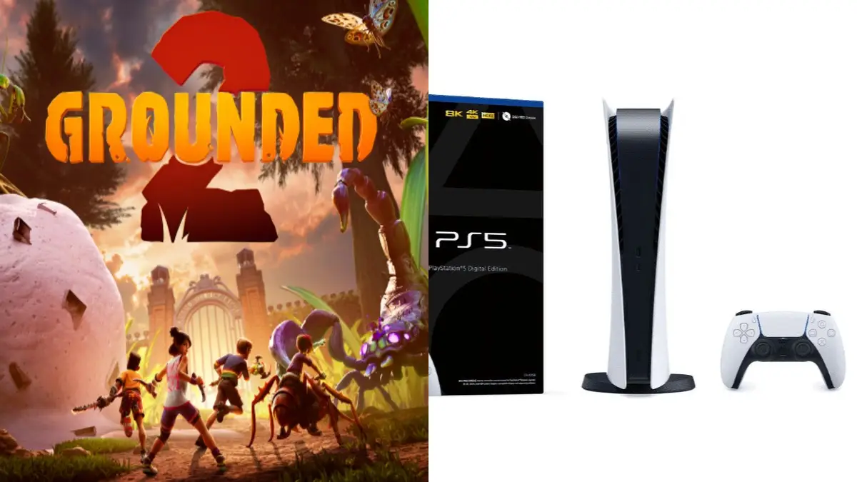 The featured image, split in two, one of Grounded 2 promotional art and one of the PS5 digital console, of a guide discussing if Grounded 2 is coming to PS5.
