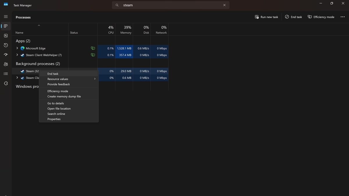 Killing the Steam client using Windows task manager.