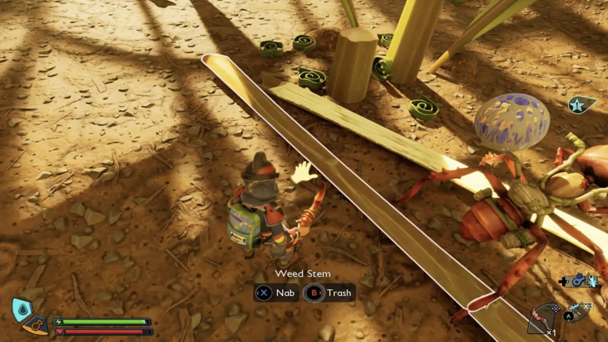 In-game screenshot of a character picking up a weed stem after harvesting a dandelion in Grounded 2.