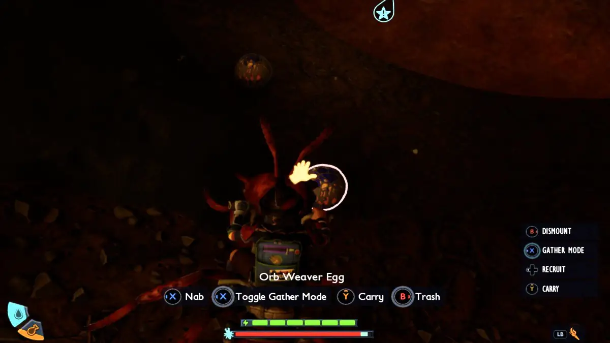 Picking up an orber weaver egg at Headless Burg.l wonder in grounded 2.