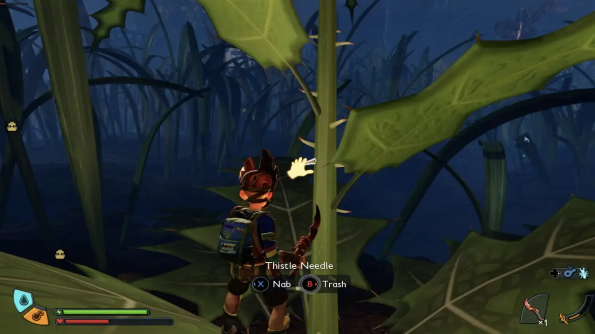 In-game screenshot of a player harvesting a thistle needle from a thistle plant at the entrance zone in grounded 2.