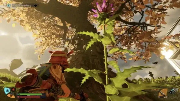 In-game screenshot of a player looking at a thistle plant as a feature image for Where to Find Thistle Needle in Grounded 2.