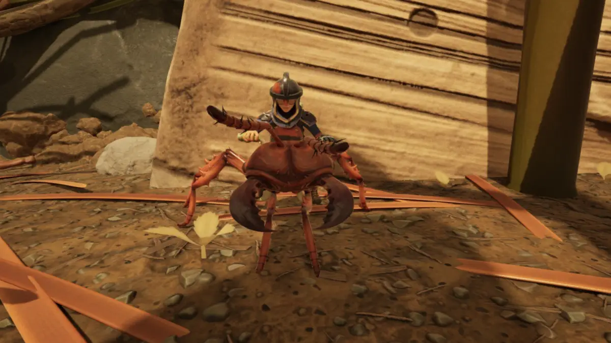In-game screenshot of a playe rriding a soldier ant buggy used as a feature image for How to Summon Your Buggy in Grounded 2.