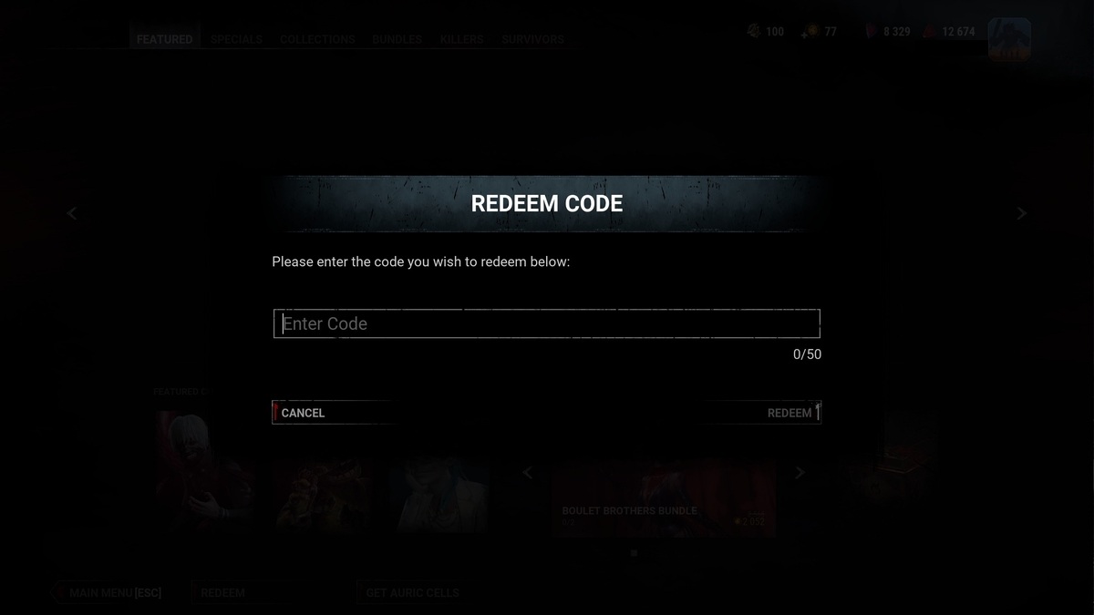 Redeem Code Screen in Dead by Daylight