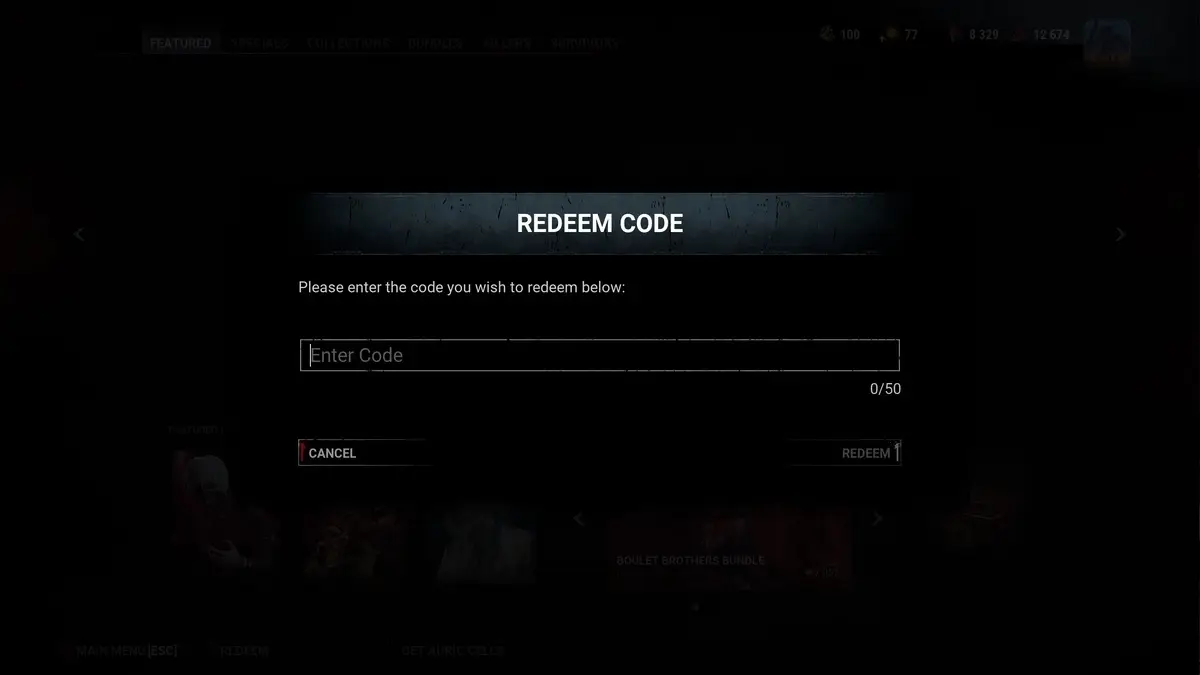 Redeem Code Screen in Dead by Daylight