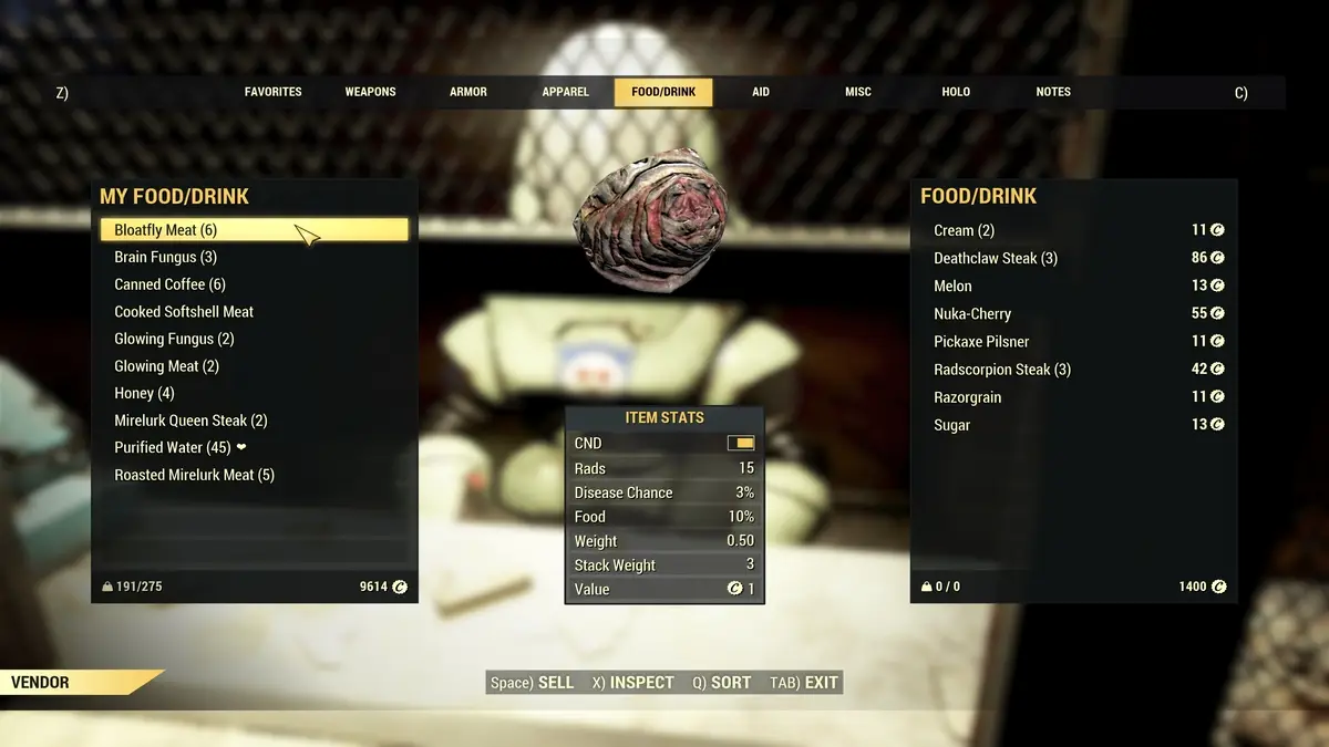 Selling Bloatfly meat to an NPC for 250 SCORE