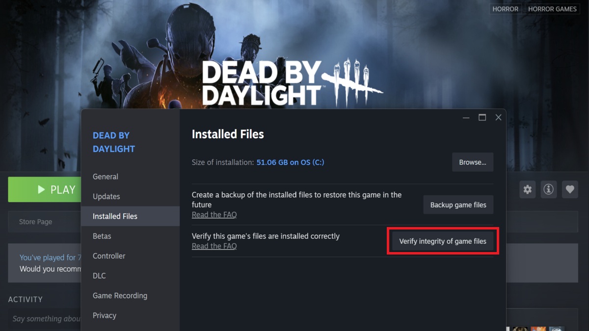 Fixing the Steam offline error in Dead by Daylight by verifying the integrity of game files through the steam client.