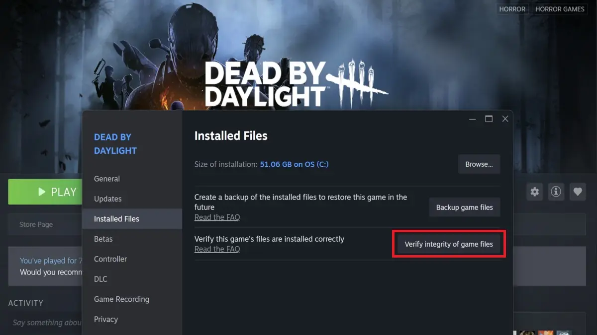 Fixing the Steam offline error in Dead by Daylight by verifying the integrity of game files through the steam client.