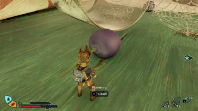 In-game screenshot of player showing where to find blueberries in grounded 2 at the picnic table.