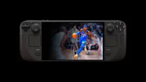 Picture of a Steck Deck with NBA 2K26 playing used as feature image for Can You Play NBA 2K26 on Steam Deck