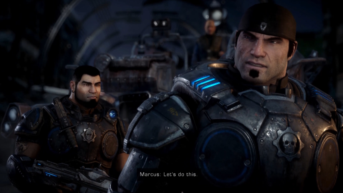 In-game screenshot of Dom and Marcus from a cinematic in Gears of War Reloaded.