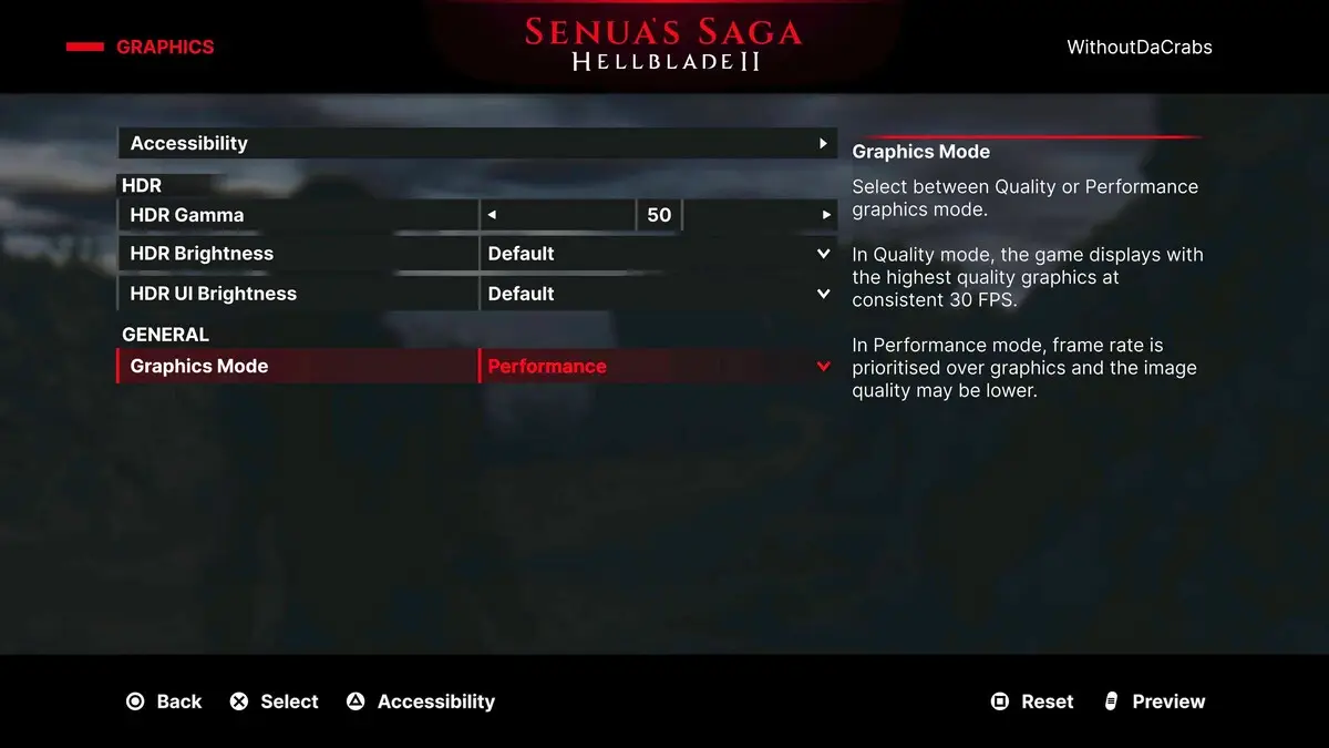 Screenshot of the in-game graphics menu used for How to Enable Performance Mode in Senua's Saga: Hellblade II