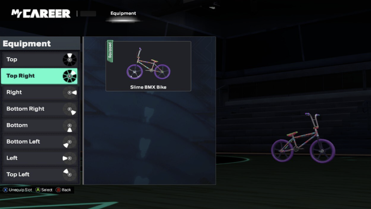 In-game screenshoting showing how to Equip the BMX Slime Bike in NBA 2K26