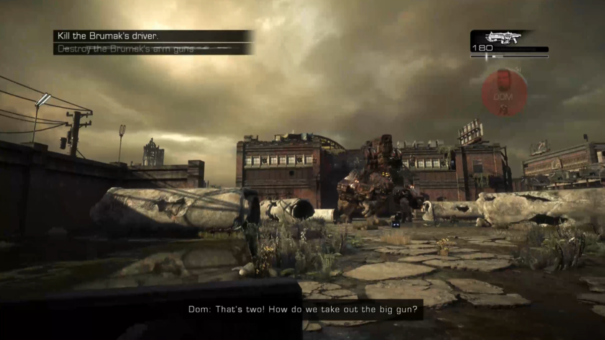 In-game screenshot of Marcus fighting Brumak in Gears of War Reloaded.