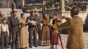 In-game screenshot of characters taking a photo used as feature image for All Voice Actors in Mafia: The Old Country