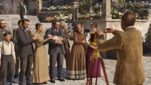 In-game screenshot of characters taking a photo used as feature image for All Voice Actors in Mafia: The Old Country