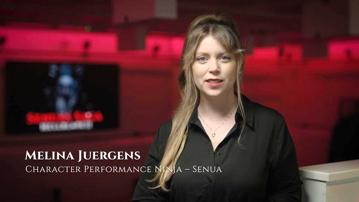 Melina Juergens, the voice actor of Senua, talking in an in-game documentory used in All Voice Actors for Senua's Saga: Hellblade II.