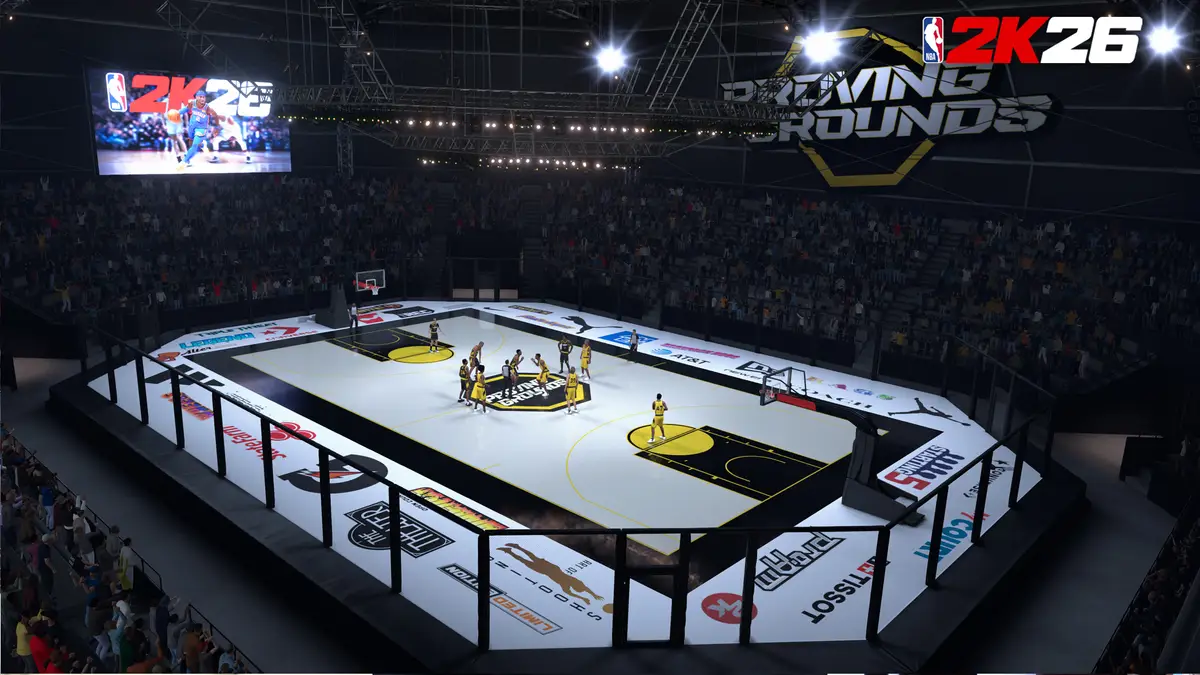 In-game screenshot of a proving grounds court in NBA 2K26 The City