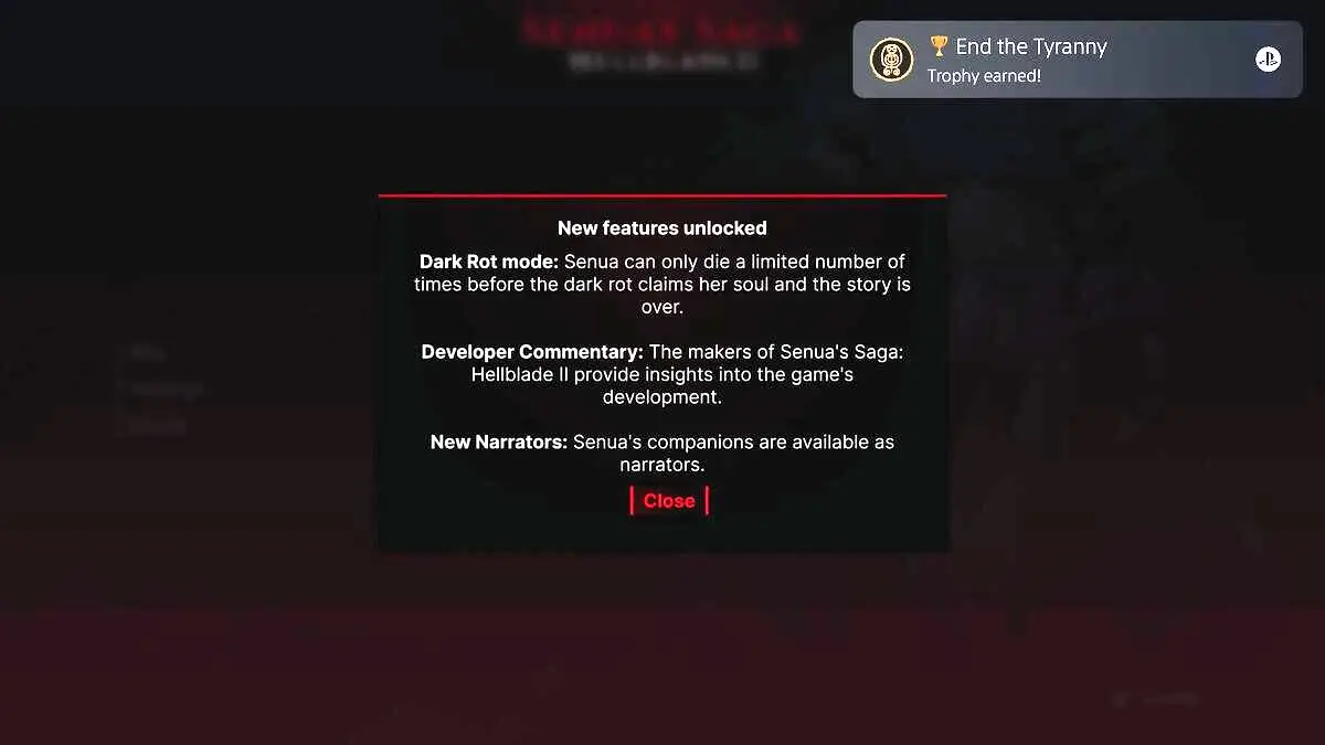 Screenshot of new features unlocked after beating the game used as feature for How to Unlock Developer Commentary and How to Unlock Dark Rot Mode in Senua's Saga: Hellblade 2 Enhanced.