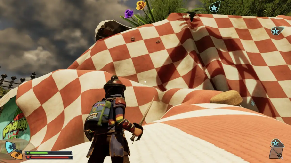 Step 2 - climbing the red and white picnic tablecloth in Grounded 2.
