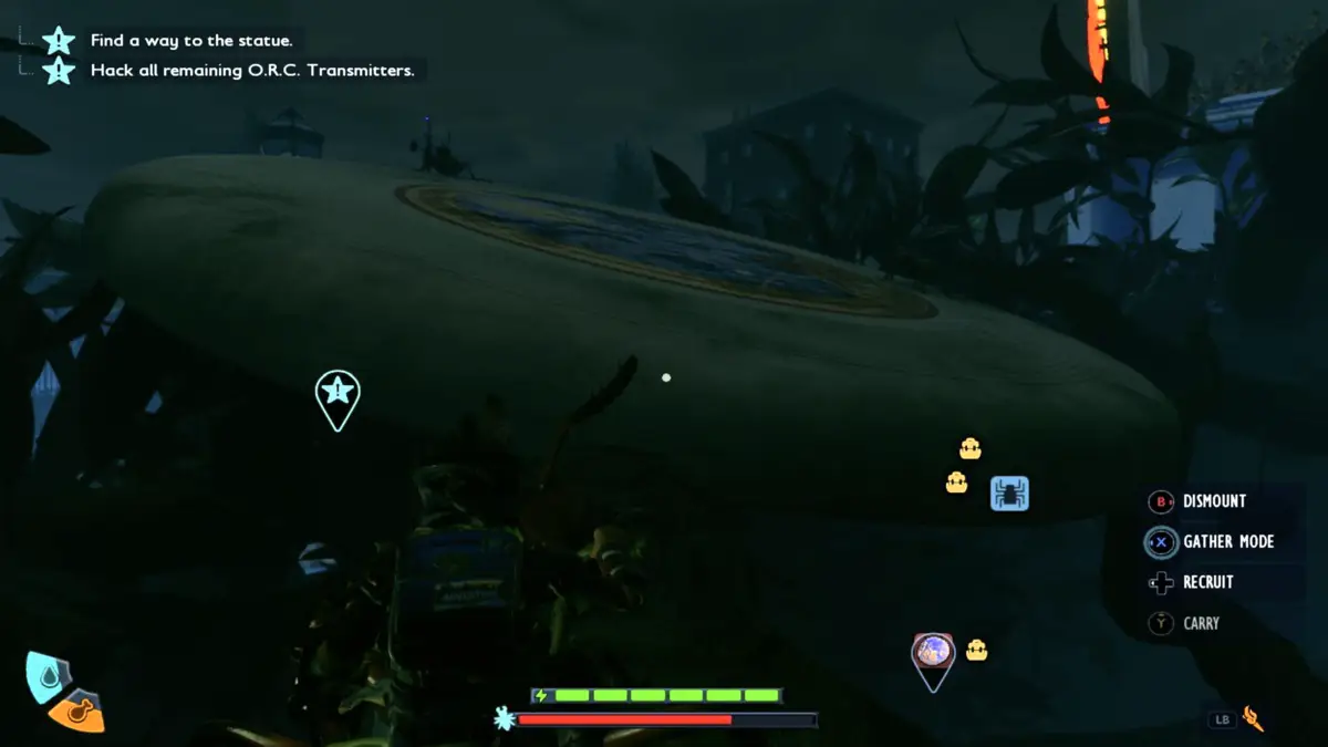 The Orc Transmitter on the Frisbee surrounded by beetles in Grounded 2.