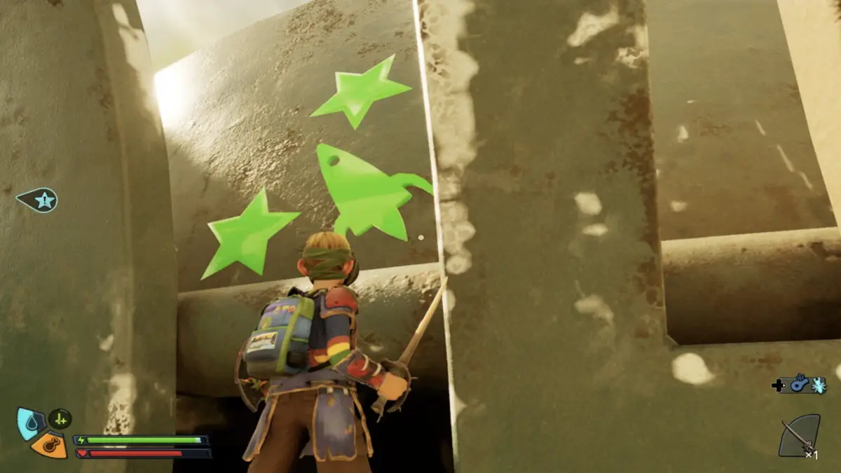 Step 8 showing to jump onto a ledge above the rope with green stickers.