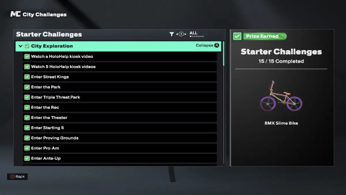 In-game screenshot of the City Exploration challenges screen showing how to unlock the BMX Slime Bike in NBA 2K26.