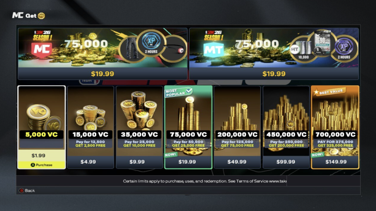 In-game screenshot of VC Bundles used as H2 image for How Much is VC in NBA 2K26