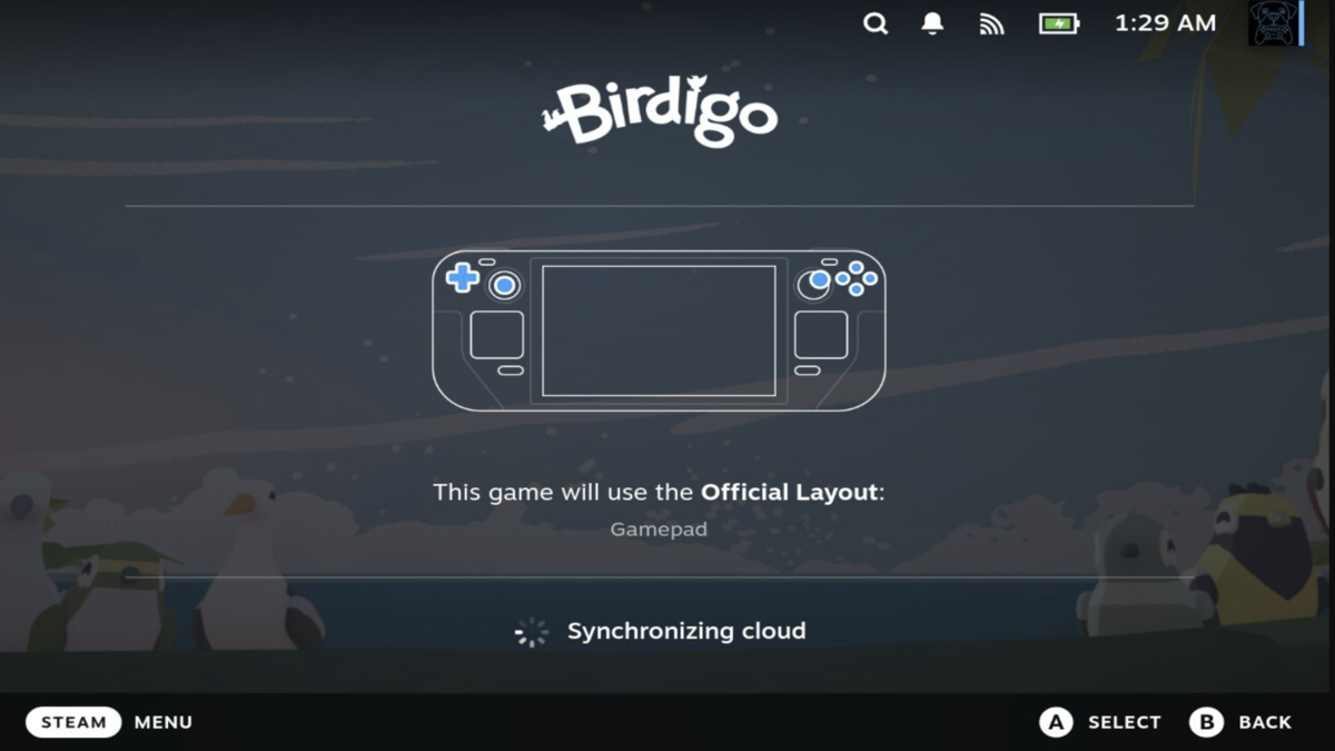 Screenshot of my Steam Deck launching Birdigo during my review.