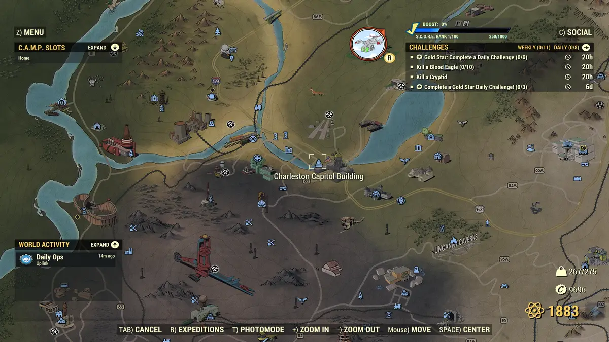 In-game screenshot of the Charleston Capital Building marked on the map used as H2 image for All Fallout 76 Grafton Monster Locations guides