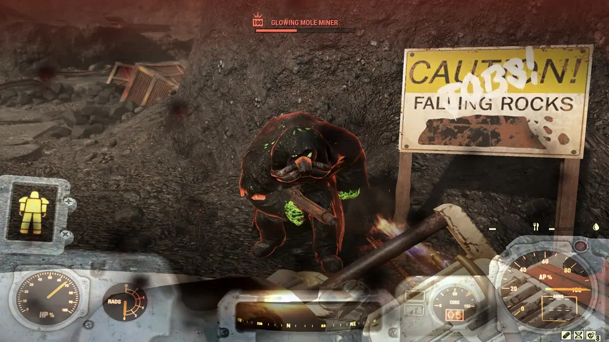 In-game screenshot of a player fighting a mole miner used as featured image for Fallout 76 Mole Miner Locations guide.