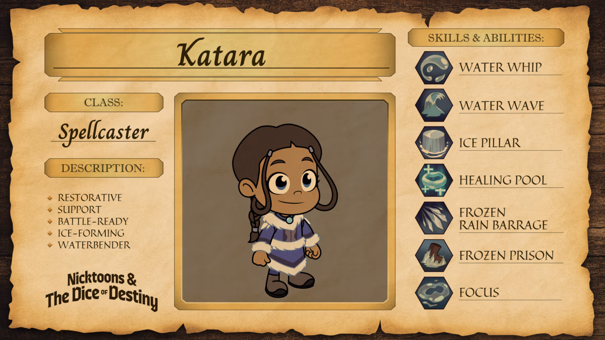 Screenshot of Katara's character profile used for Nicktoons & The Dice of Destiny characters guide
