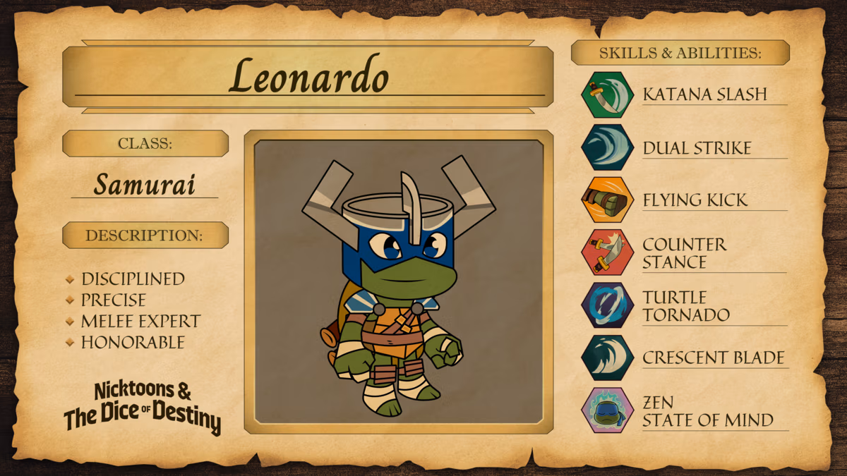 Screenshot of Leonardo's character profile used for Nicktoons & The Dice of Destiny characters guide