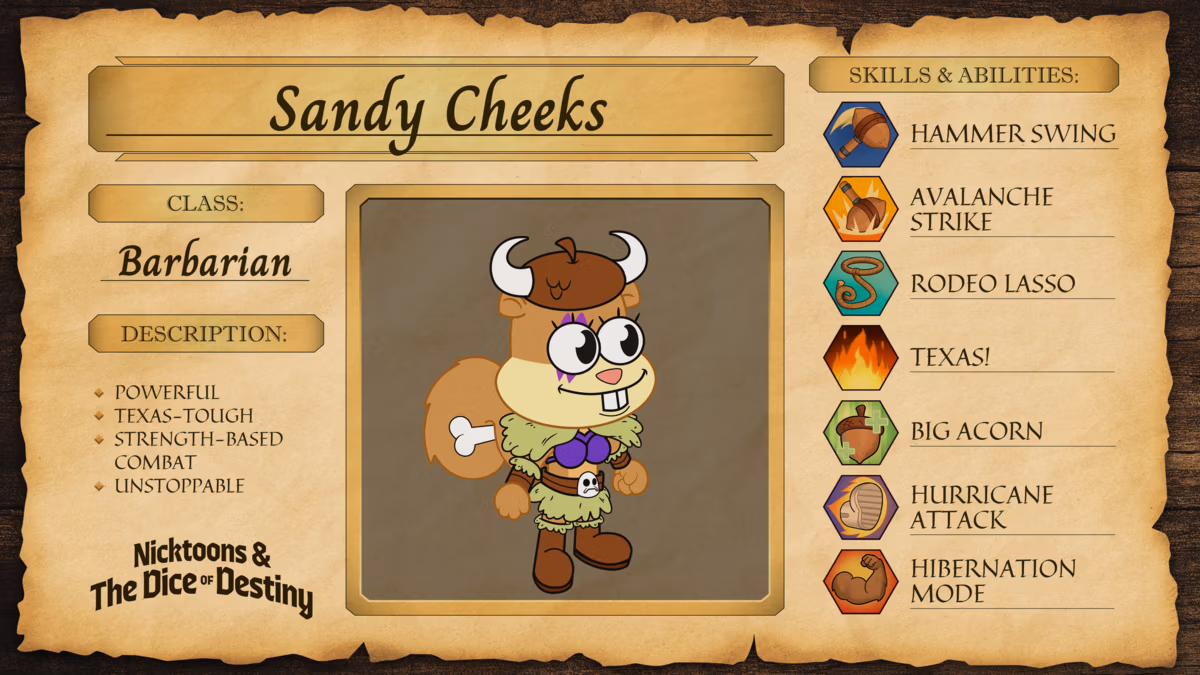 Screenshot of Sandy's character profile used for Nicktoons & The Dice of Destiny characters guide