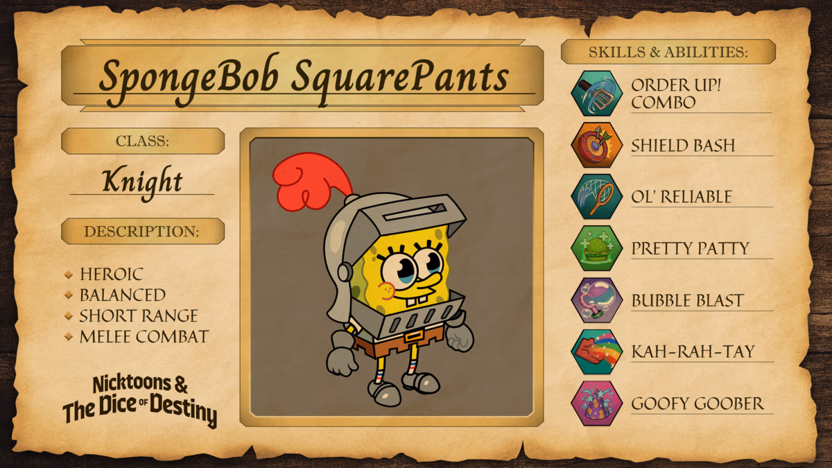 Screenshot of SpongeBob's character profile used for Nicktoons & The Dice of Destiny characters guide