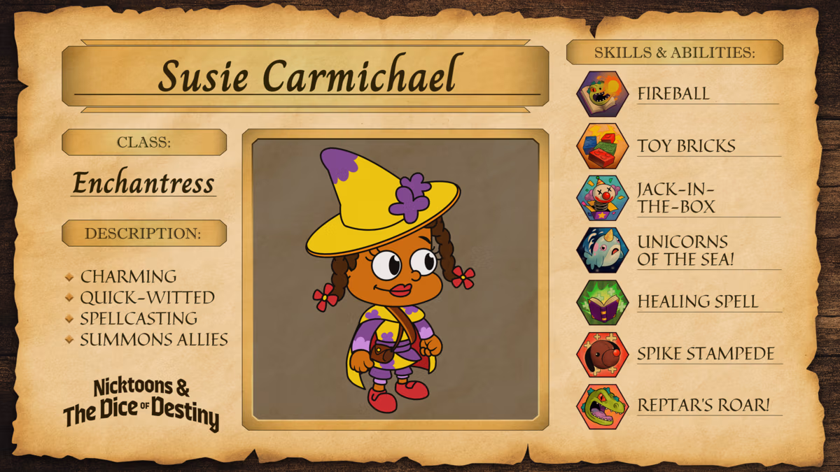 Screenshot of Susie's character profile used for Nicktoons & The Dice of Destiny characters guide