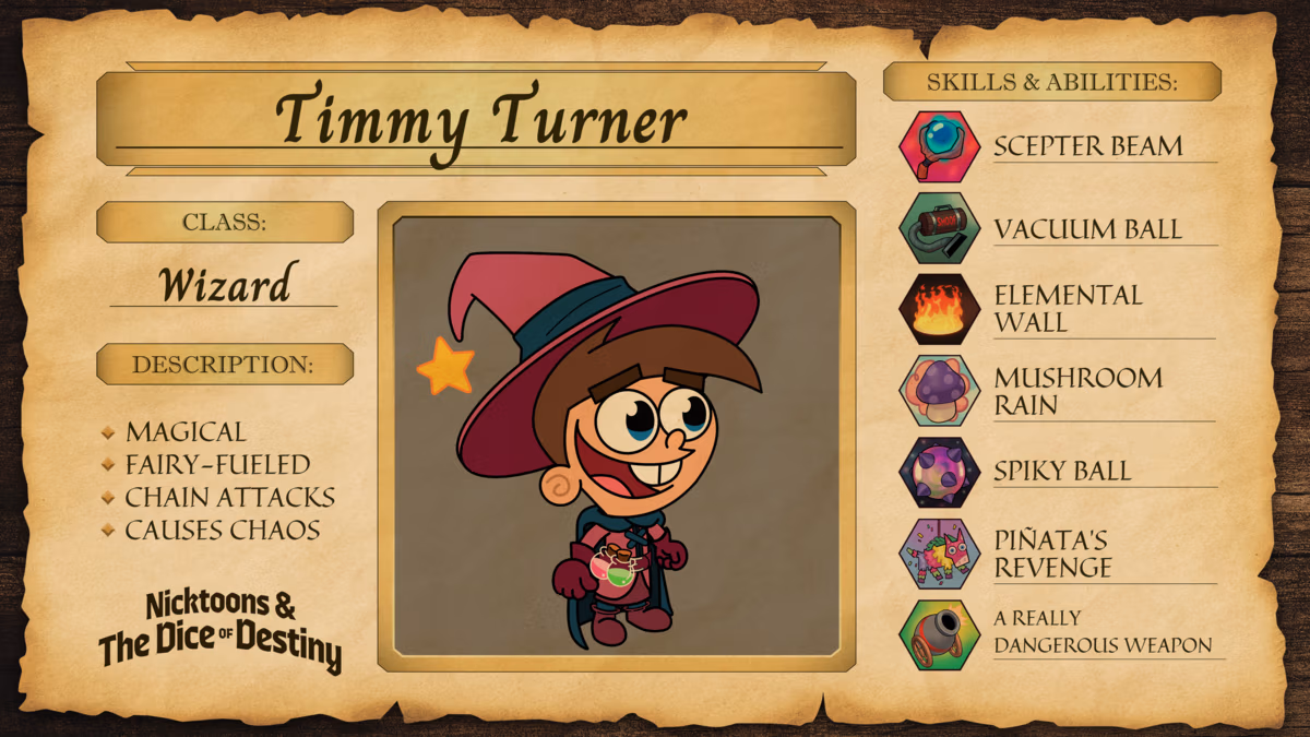 Screenshot of Timmy's character profile used for Nicktoons & The Dice of Destiny characters guide