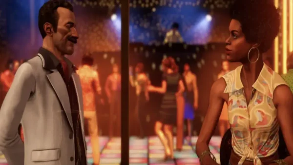 In-game screenshot of Poirot and Joyce used as featured image for Death on the Nile voice actors guide