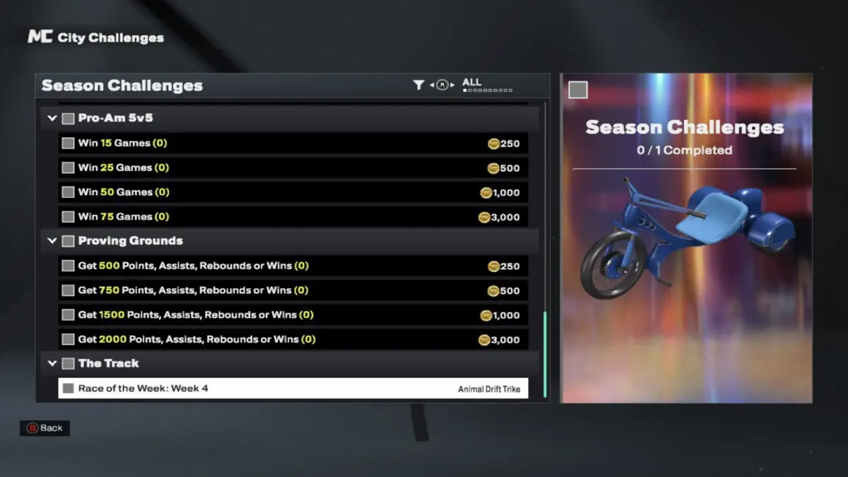 The Track challenge called Race of the Week - Week 4 to unlock Animal Drift Trike NBA 2K26