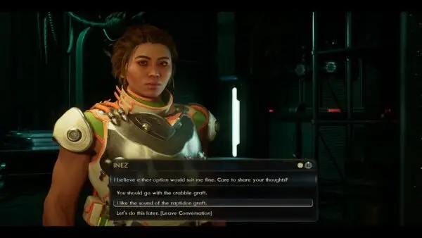 Picking a Graft for Inez in The Outer Worlds 2