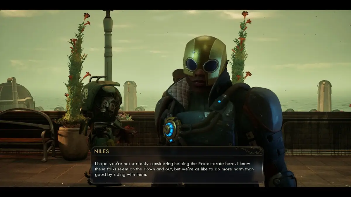 Talking to Niles about Talking to Niles about siding with Wesport and Fairfield in THe OUter Worlds 2 (Milverstreet or Hogaarth)